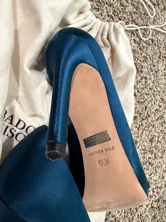 Badgley Mischka Teal Satin Peep-Toe Pumps with Rosette Accent - Picture 6 of 6